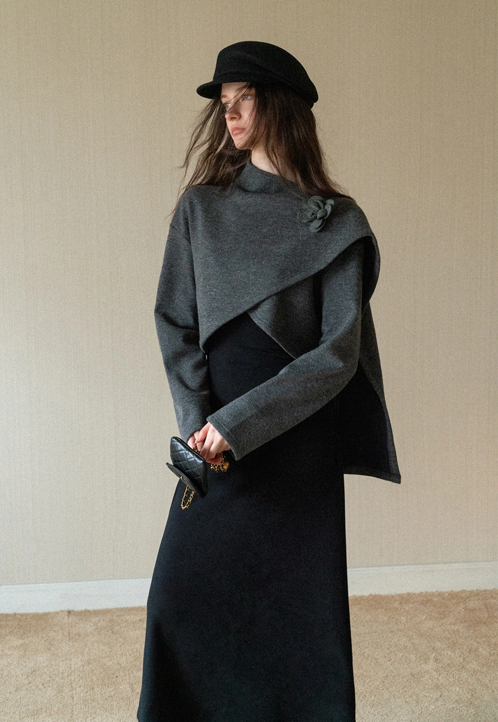 Black Long Sleeve Dress with Grey Cardigan Set