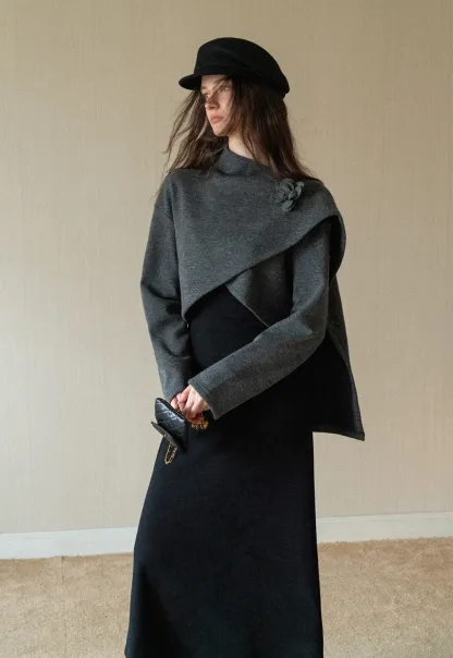 Black Long Sleeve Dress with Grey Cardigan Set