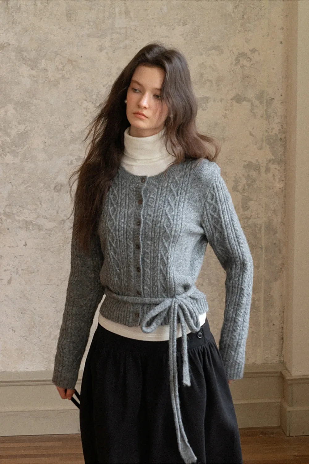 Cable Knit Cardigan with Tie-Front Detail