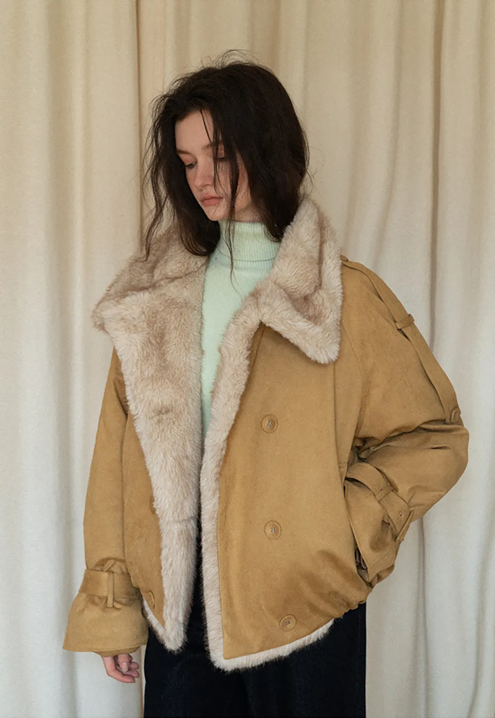 Double-Breasted Faux Shearling Jacket
