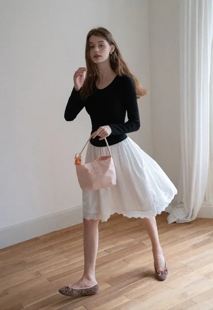 Women's High Waist A-Line Lace Hem Midi Skirt