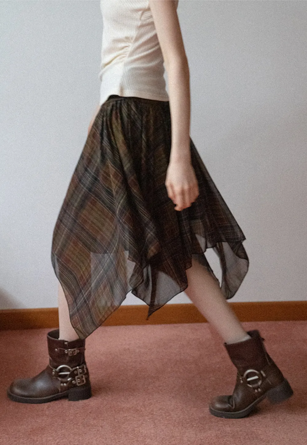 Women's Asymmetrical Plaid Midi Skirt 