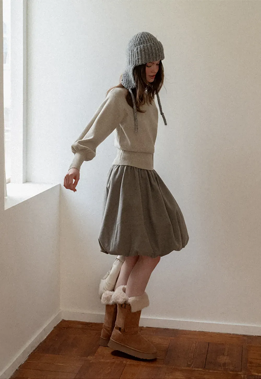 Ribbed High-Neck Sweater with Balloon Sleeves