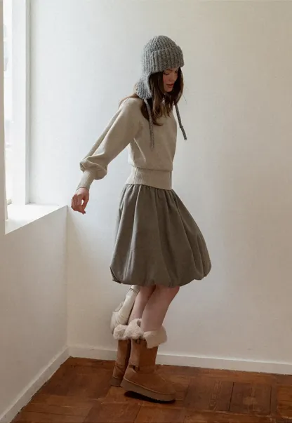 Ribbed High-Neck Sweater with Balloon Sleeves