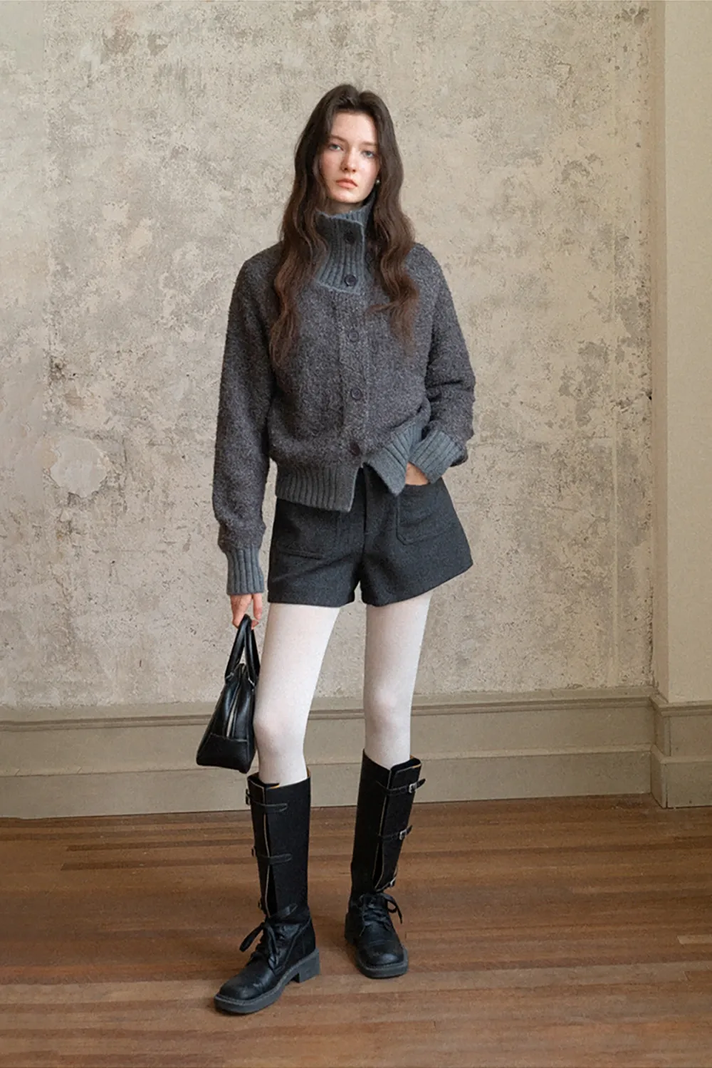 Single-Breasted High Neck Raglan Sweater