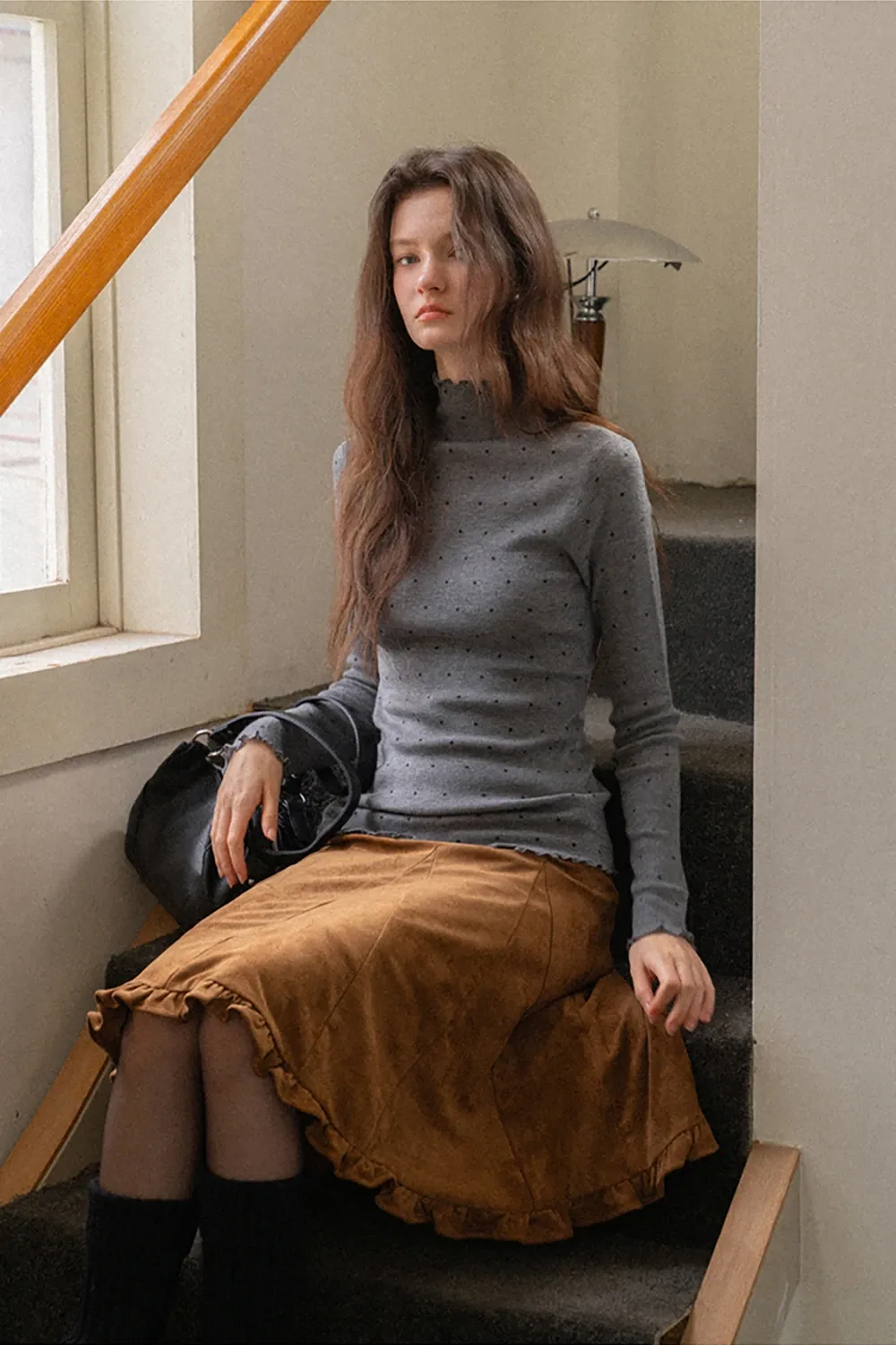 Polka Dot High Neck Ruffle Knit Top