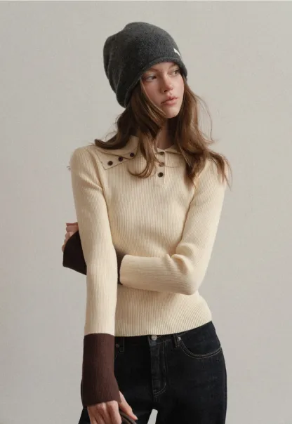 Women Stylish Ribbed Knit Top with Button Neck