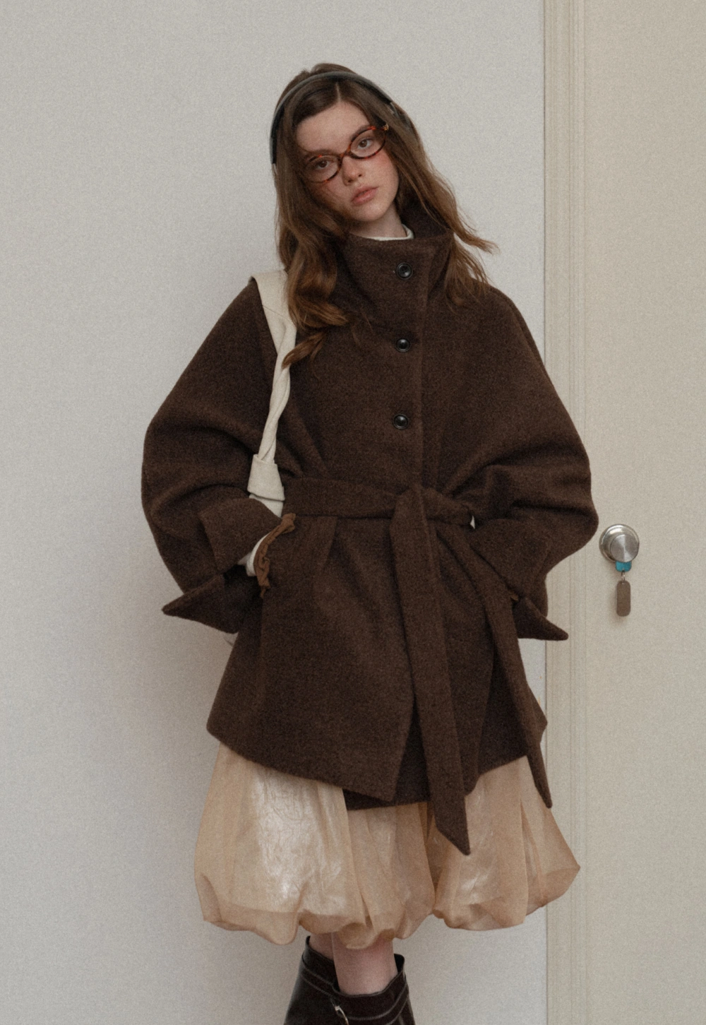 Winter Woolen Coat with Belt and Button Fastening