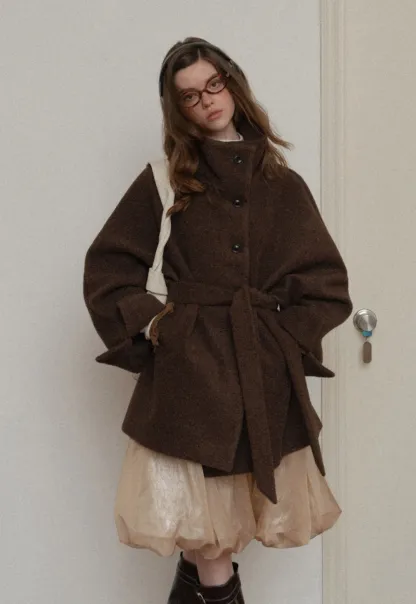 Winter Woolen Coat with Belt and Button Fastening