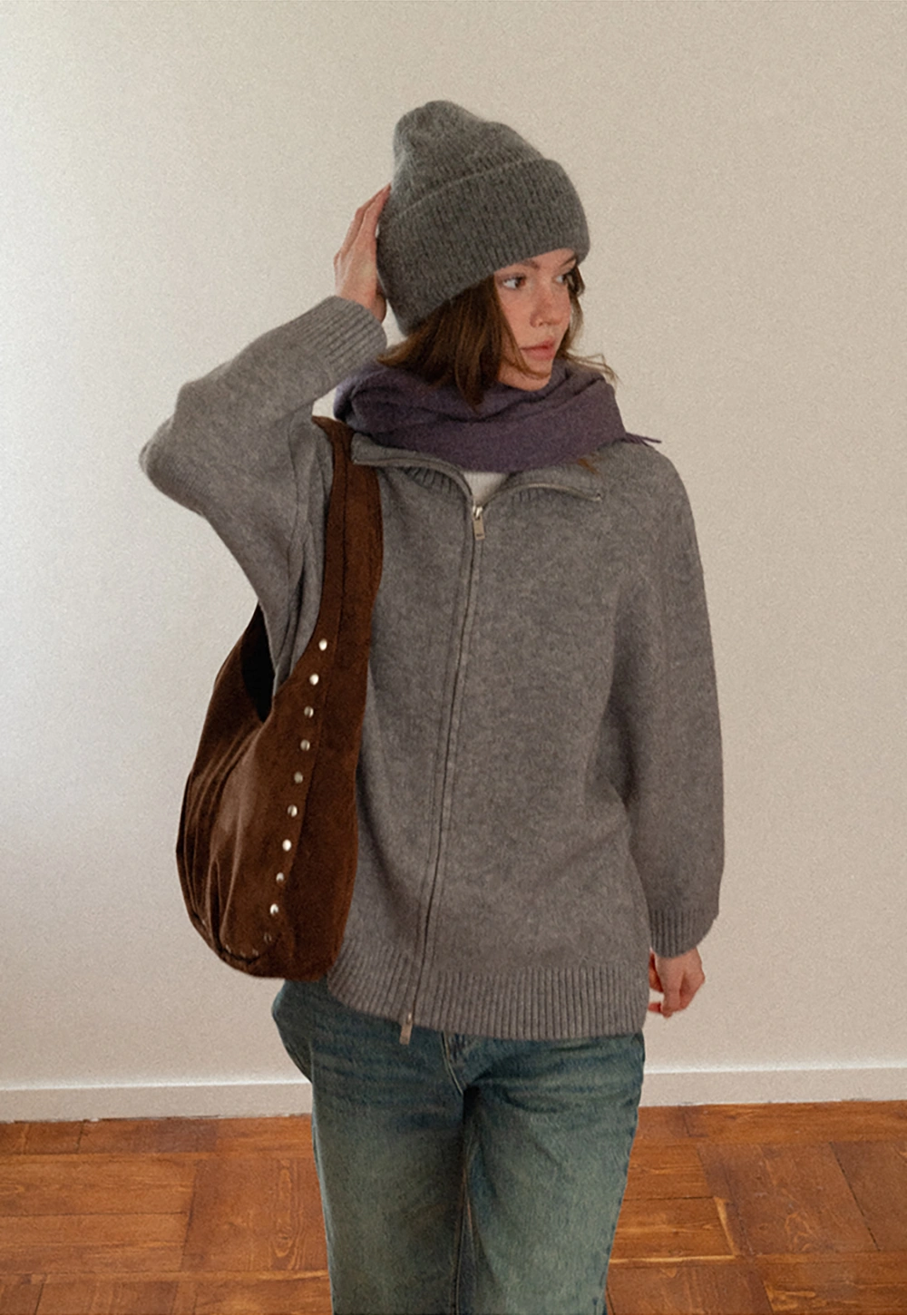Women Grey Zip-Up Sweater with Ribbed Collar