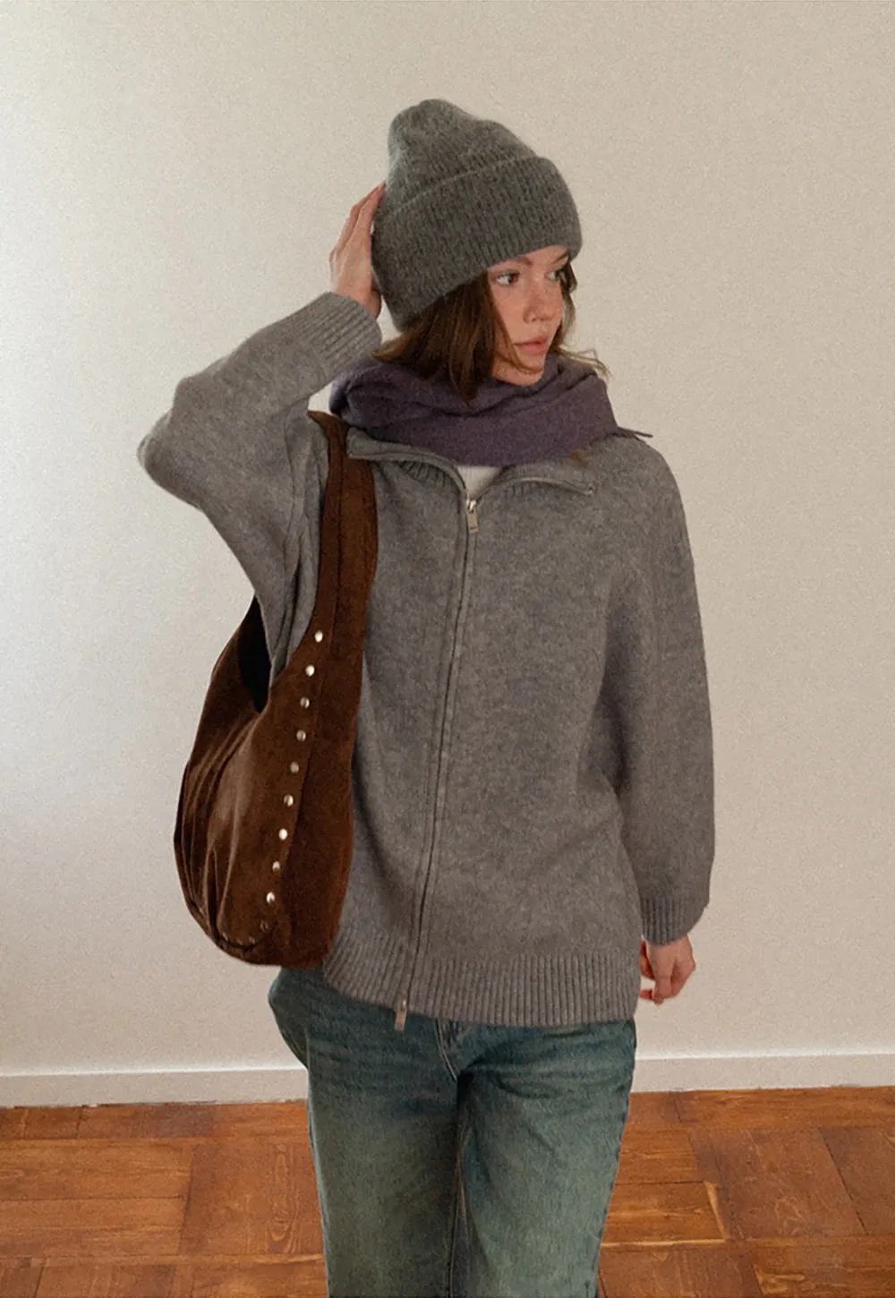 Women Grey Zip-Up Sweater with Ribbed Collar