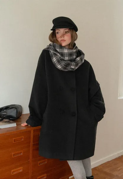 Women Black Wool Coat with Plaid Scarf Set