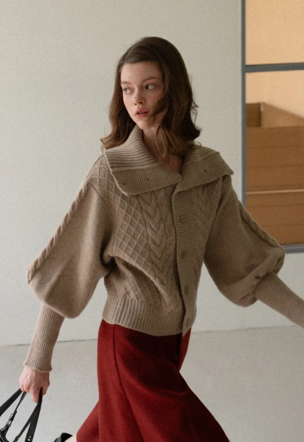 Chunky Knit Cardigan with Balloon Sleeves