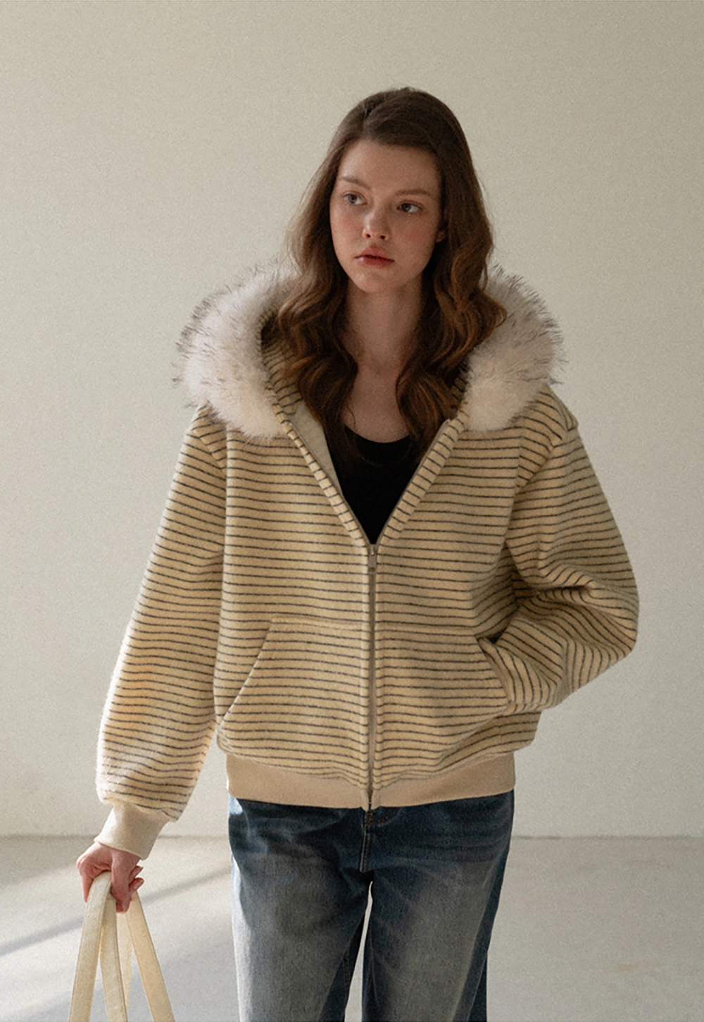 Women Striped Zip-Up Hoodie with Fur Collar