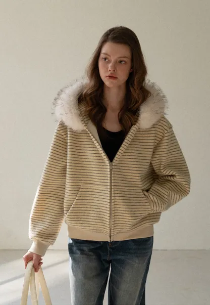 Women Striped Zip-Up Hoodie with Fur Collar