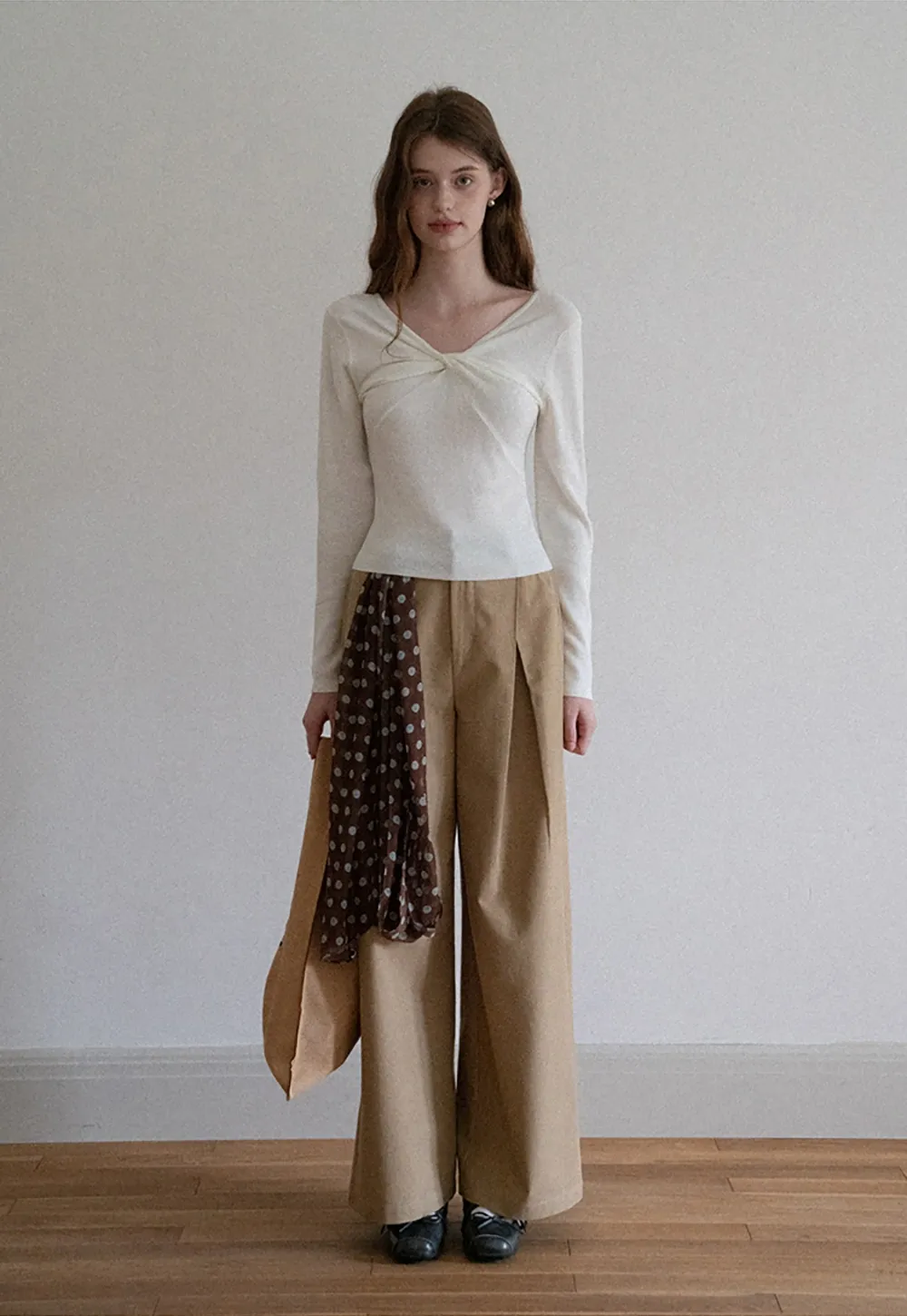 Women V Neck Twist Front Long Sleeve Knit Top