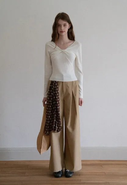 Women V Neck Twist Front Long Sleeve Knit Top