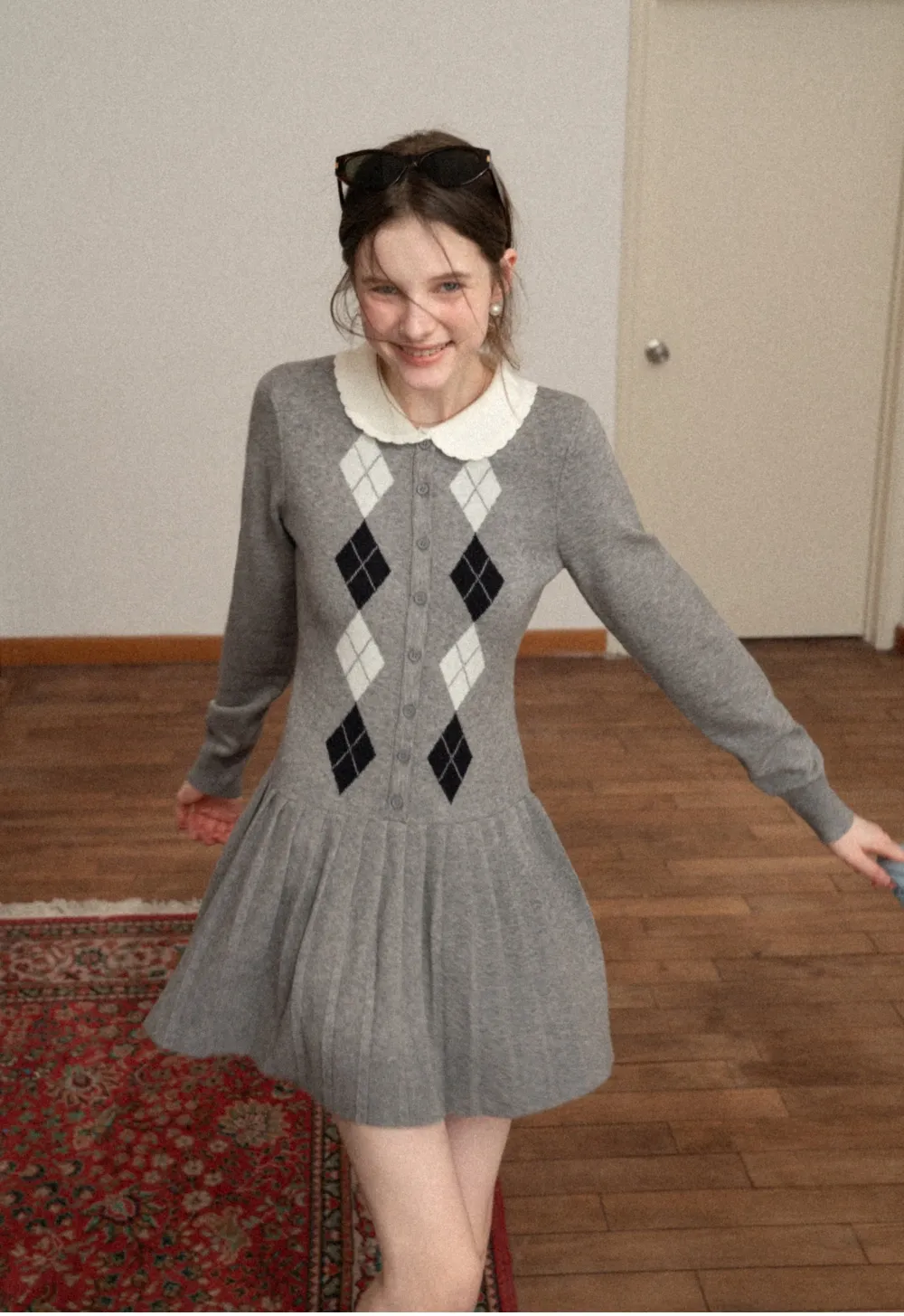 Argyle Knit Dress with Peter Pan Collar