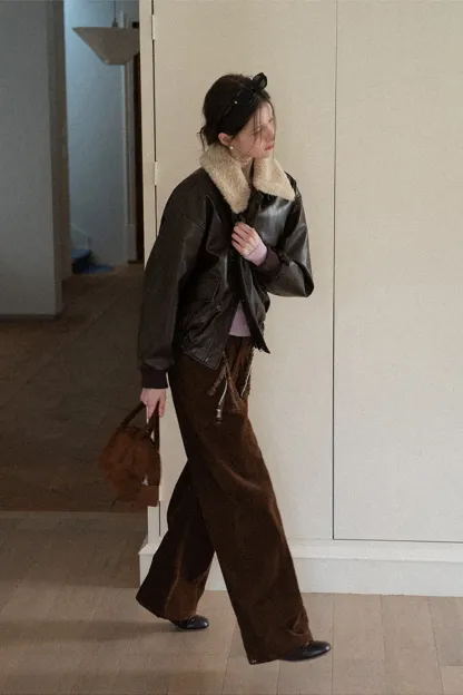 Faux Leather Bomber Jacket with Fur Collar