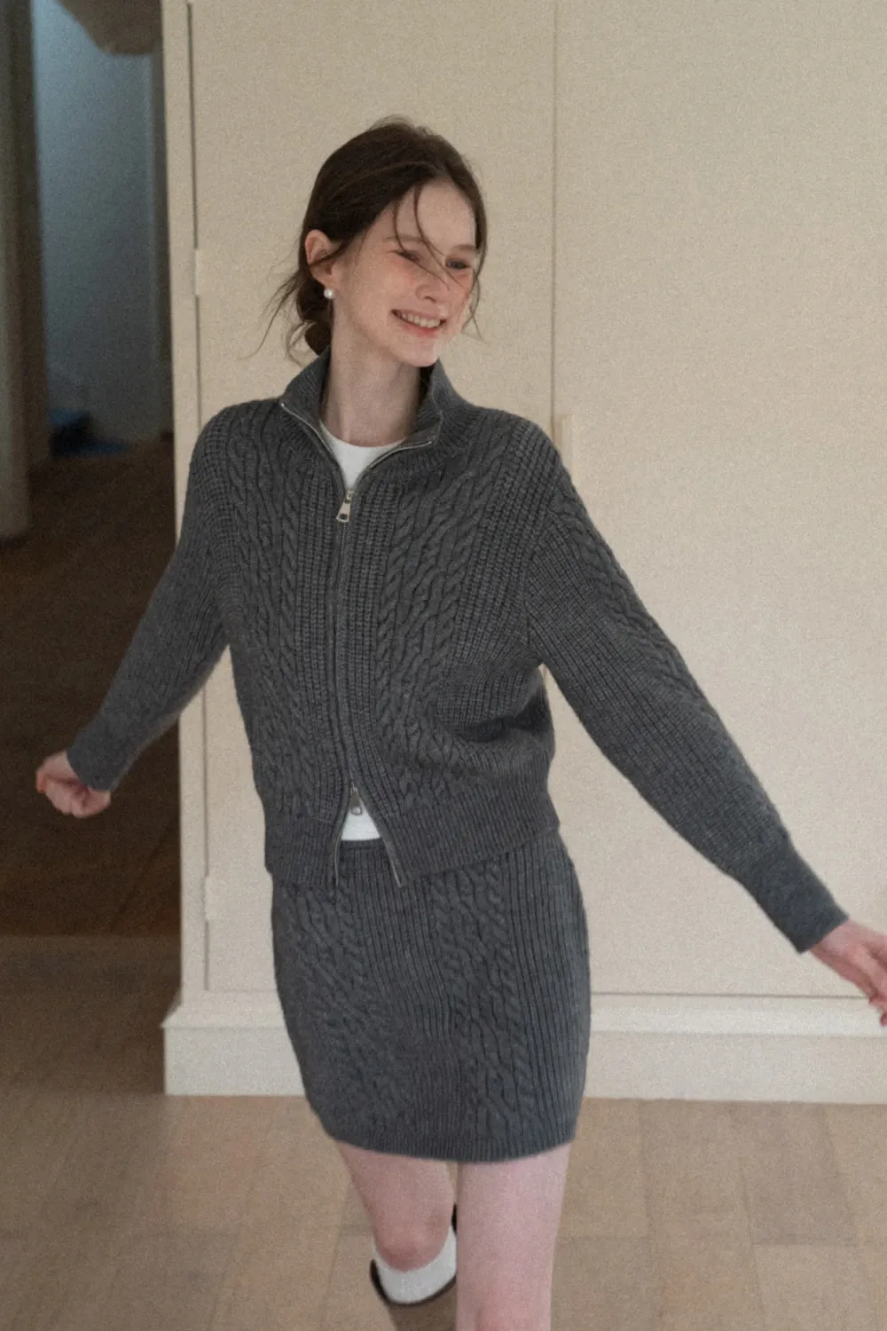 Cable Knit Zip-Up Sweater and Skirt Set