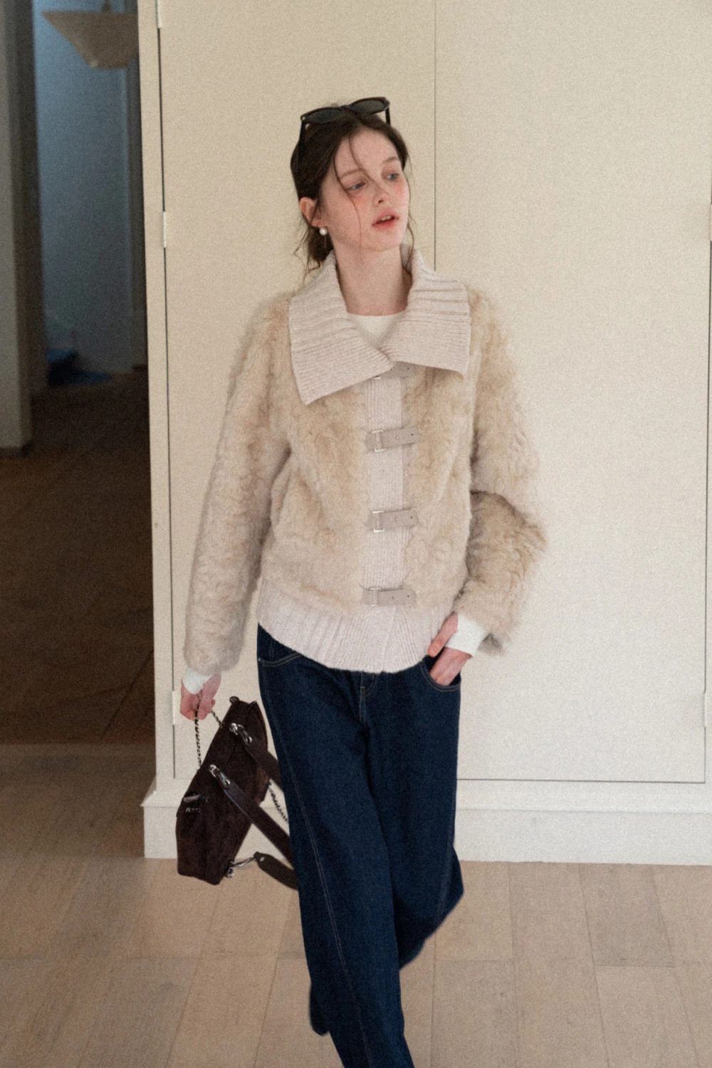 Collar Knit Patchwork Faux Shearling Coat