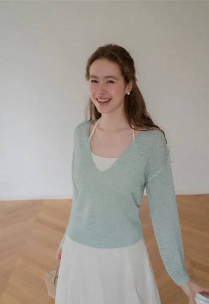 Ladies V‑Neck Knitted Pullover and White Cami Set