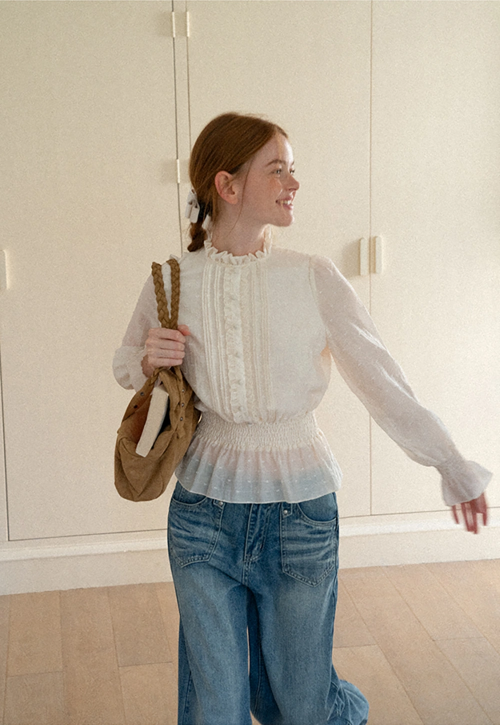 Ruffled Collar Smocked Waist Blouse
