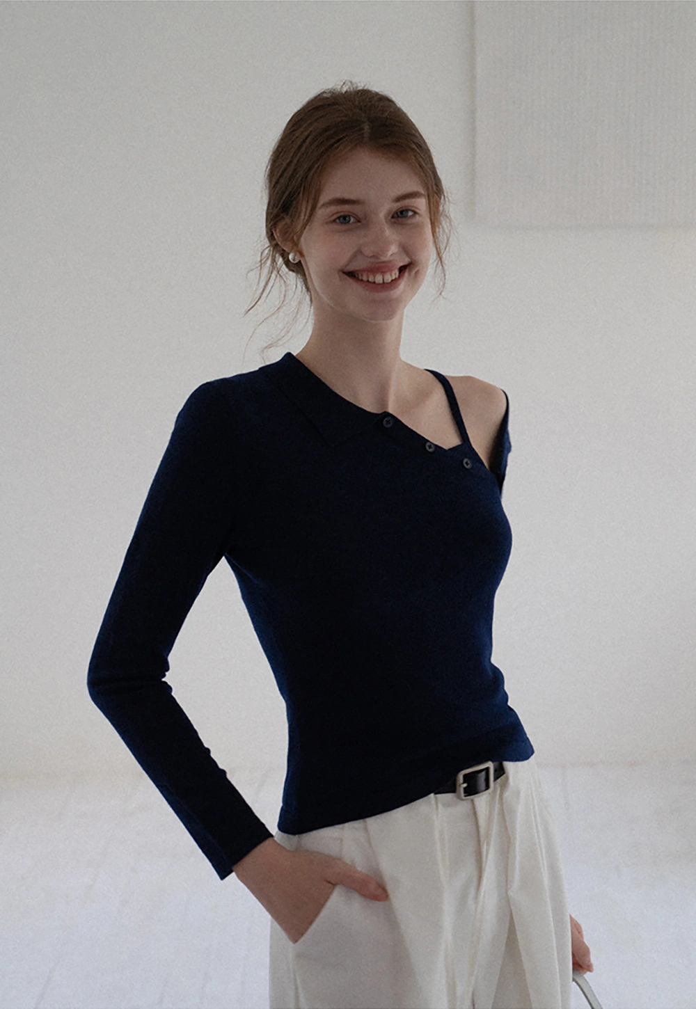 Asymmetric Collar Button Knit Top