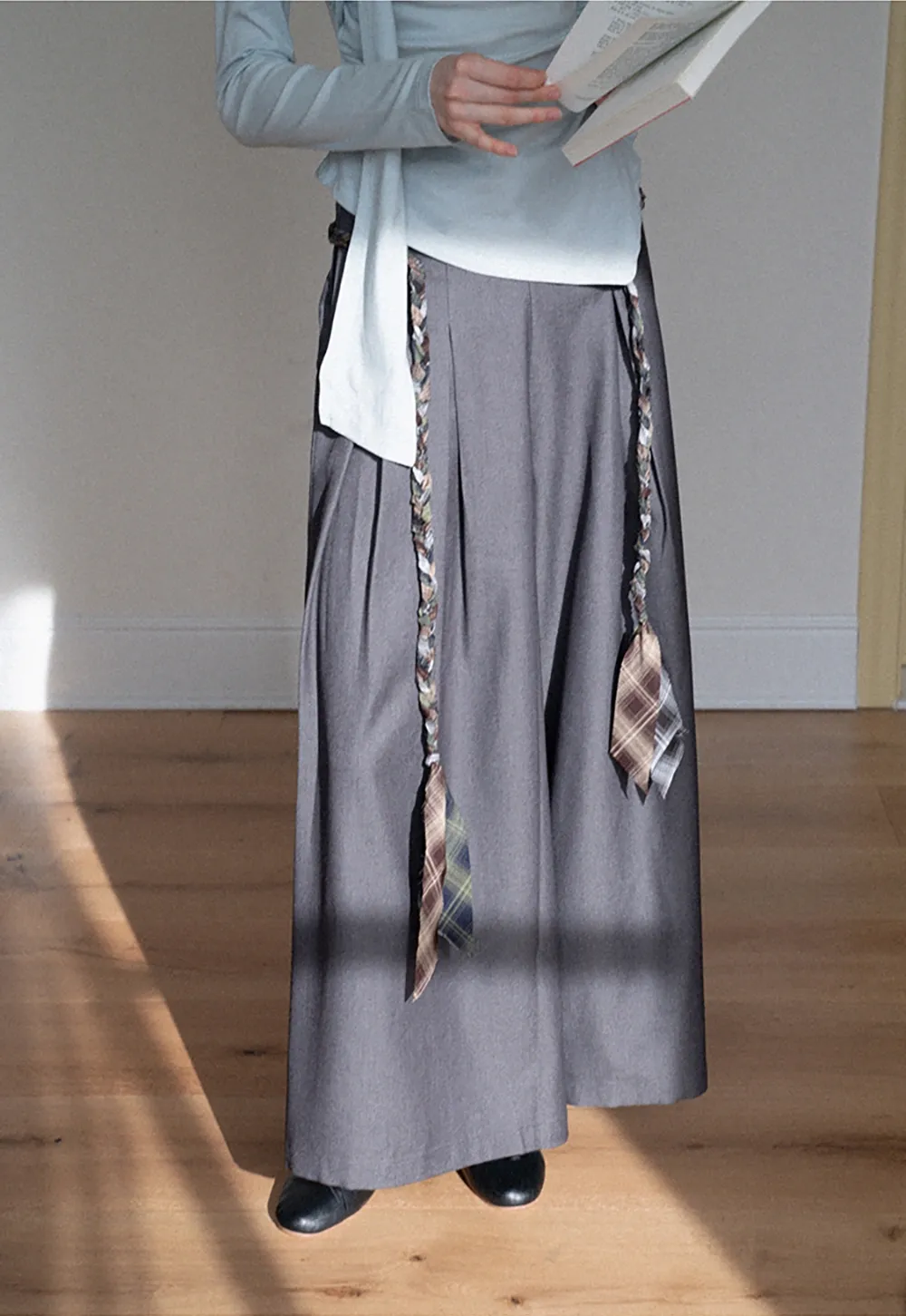 Women's Wide Leg Pleated Pants with Braided Ties