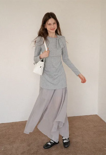 Tie Neck Long Sleeve Top and Asymmetrical Chiffon Skirt Set