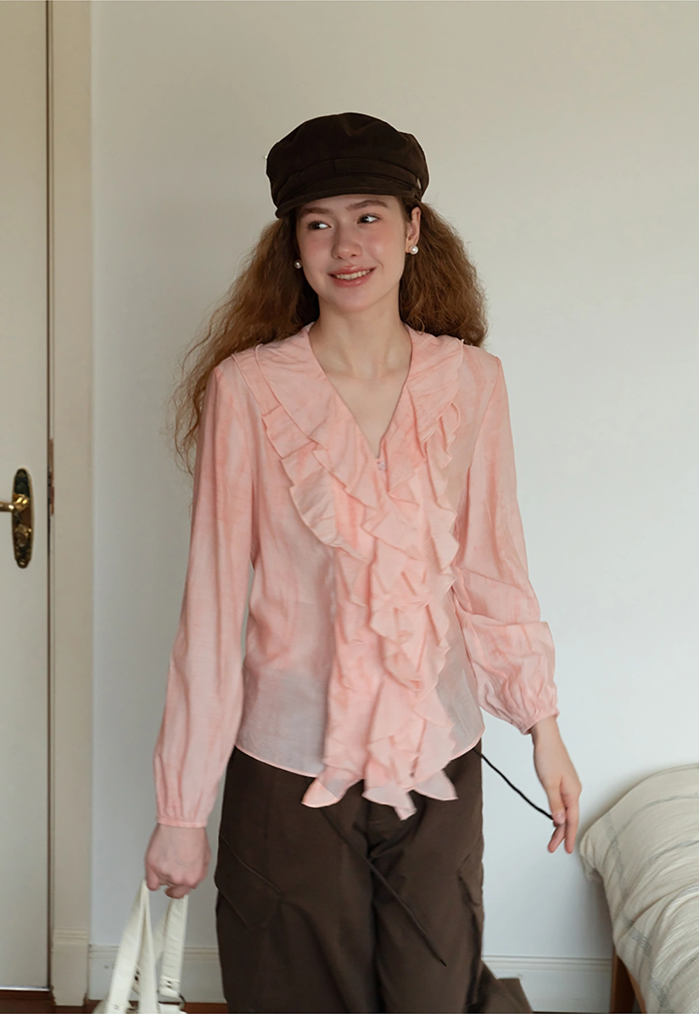 Womens Ruffle Chiffon Long Sleeve Blouse