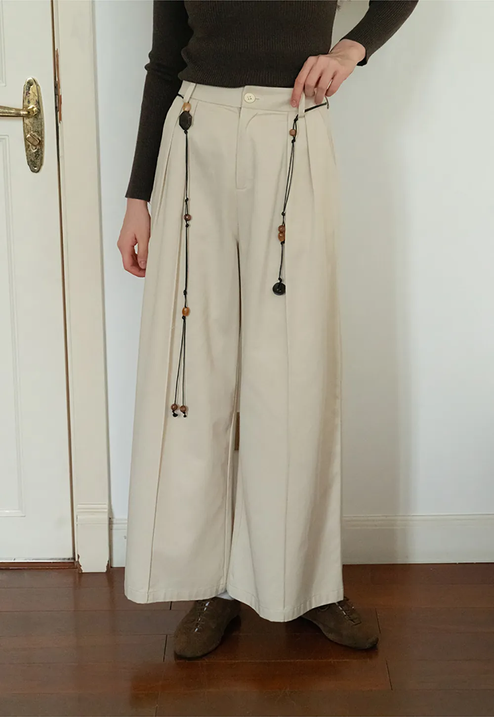 Wide-Leg Pants with Beaded Tassel Detail