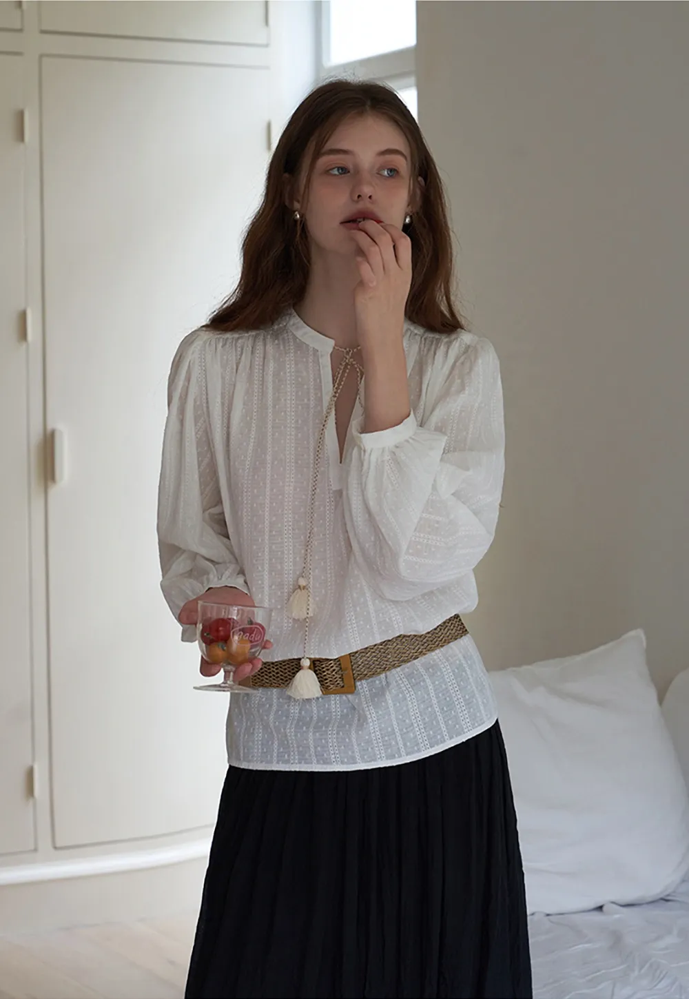 Women's Boho Tassel Tie Hollow Out Long Sleeve Shirt & Pleated Skirt Set