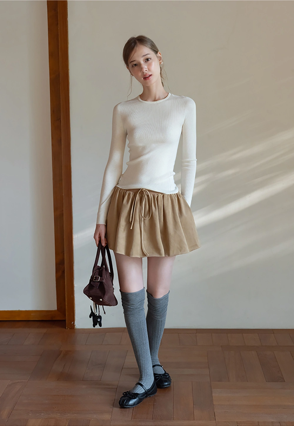 Womens Khaki Drawstring High Waist Pleated Mini Skirt