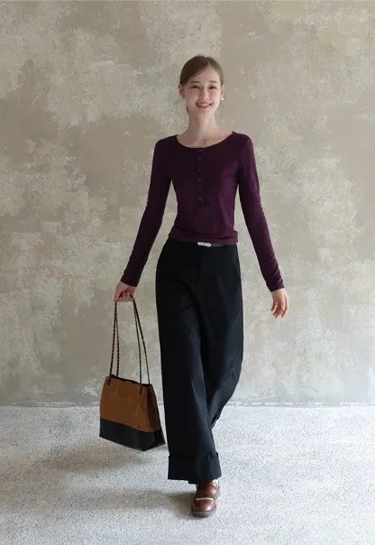 Womens Button Front Long Sleeve Henley Top