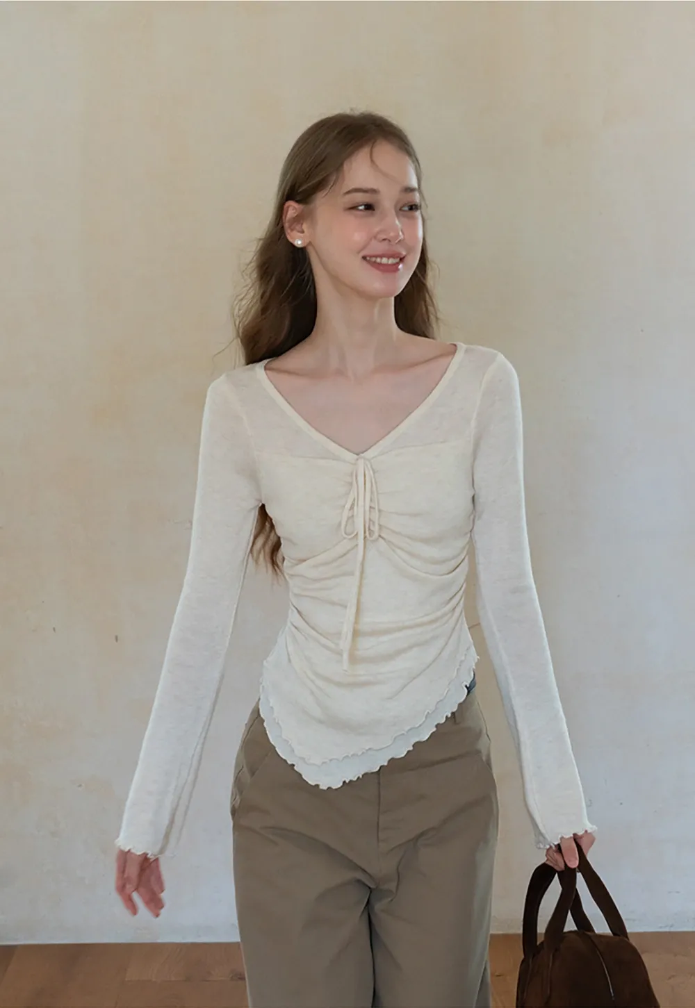 Ruched V Neck Long Sleeve Top