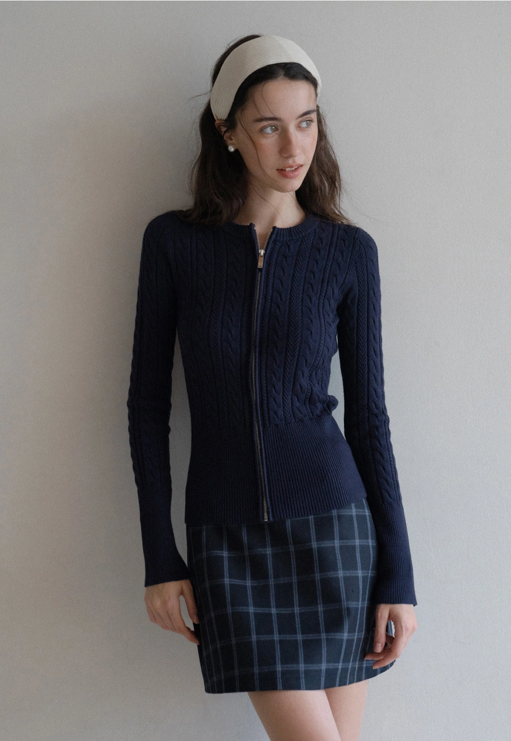 Casual Long Sleeve Cable Knit Top with Zipper