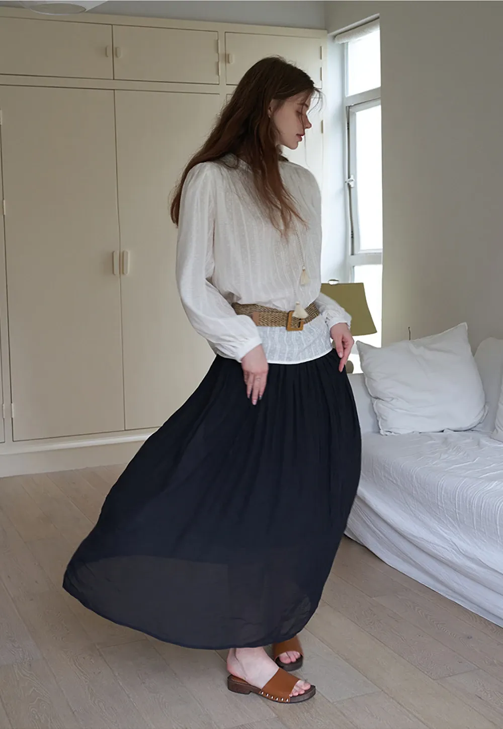 Pleated Midi Skirt with Belt