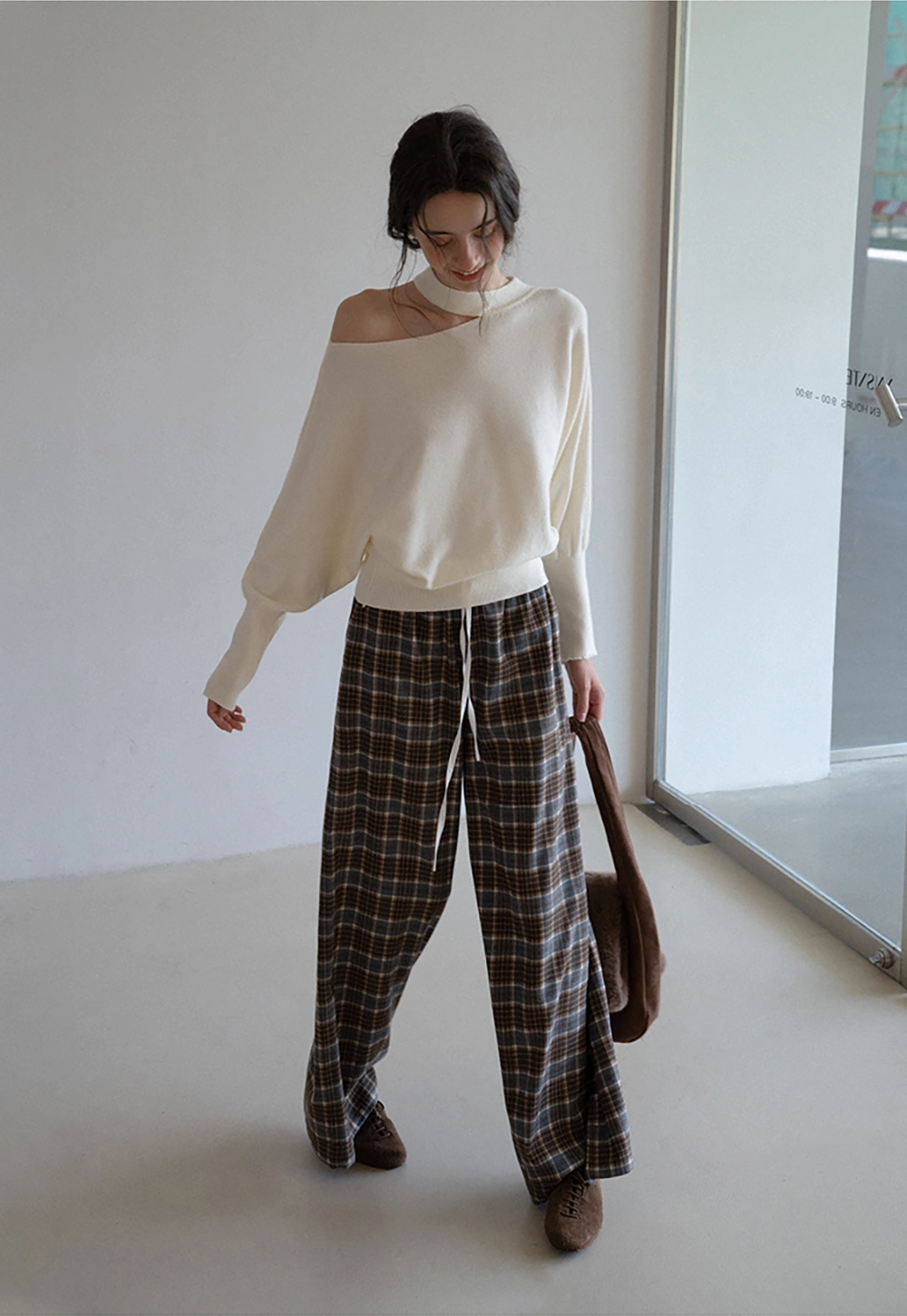 Womens Plaid Wide Leg Drawstring Pants