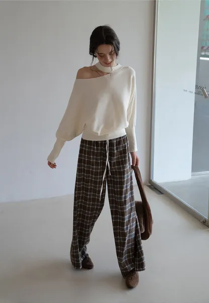 Womens Plaid Wide Leg Drawstring Pants