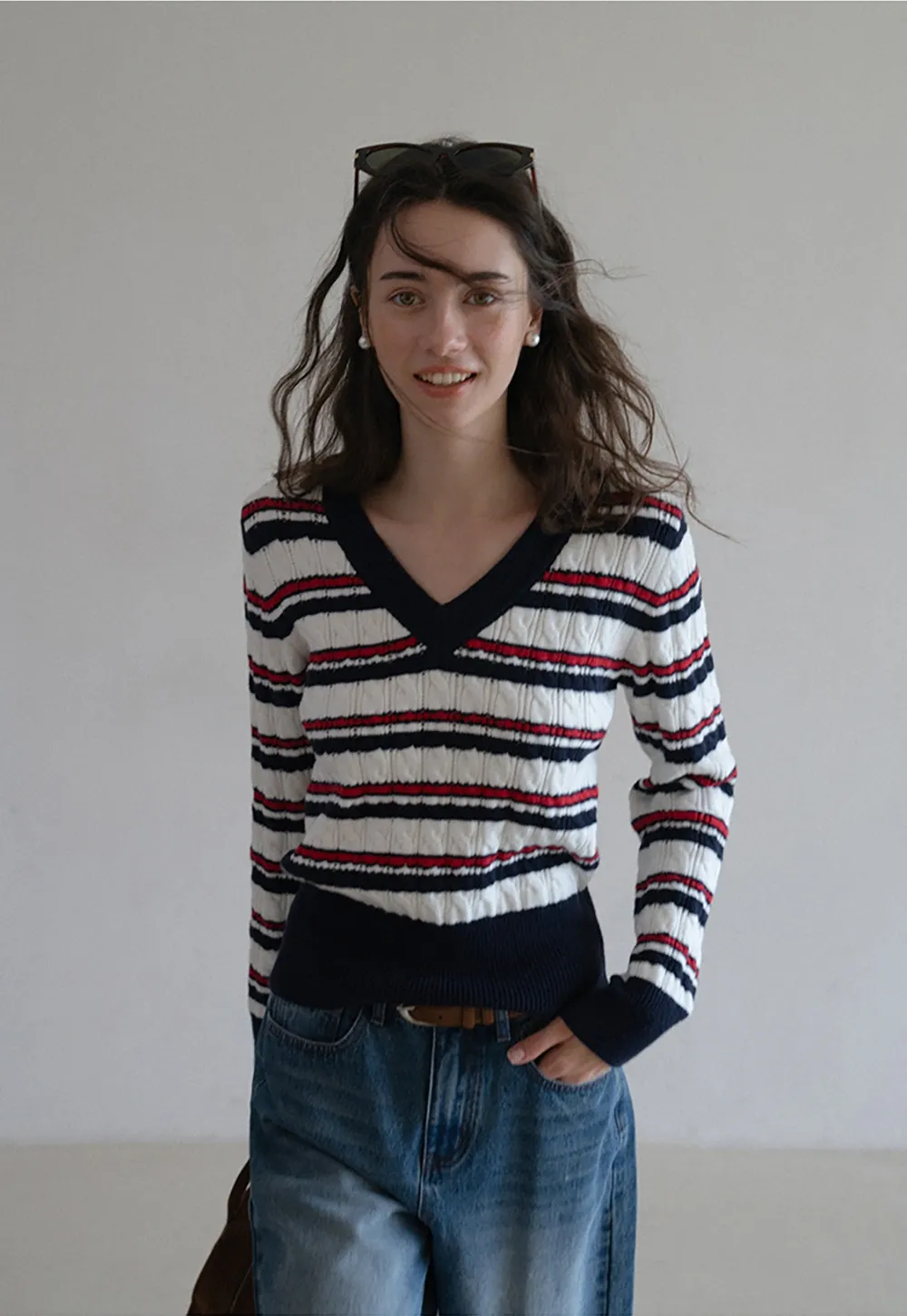 Women’s V-Neck Striped Knit Sweater