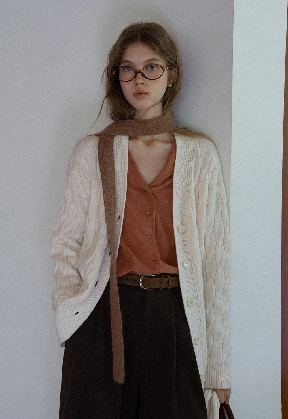 Womens Cable Knit Cardigan Sweater with Matching Scarf