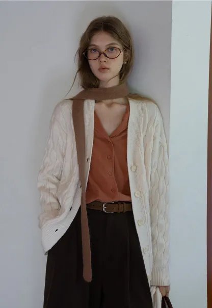 Womens Cable Knit Cardigan Sweater with Matching Scarf