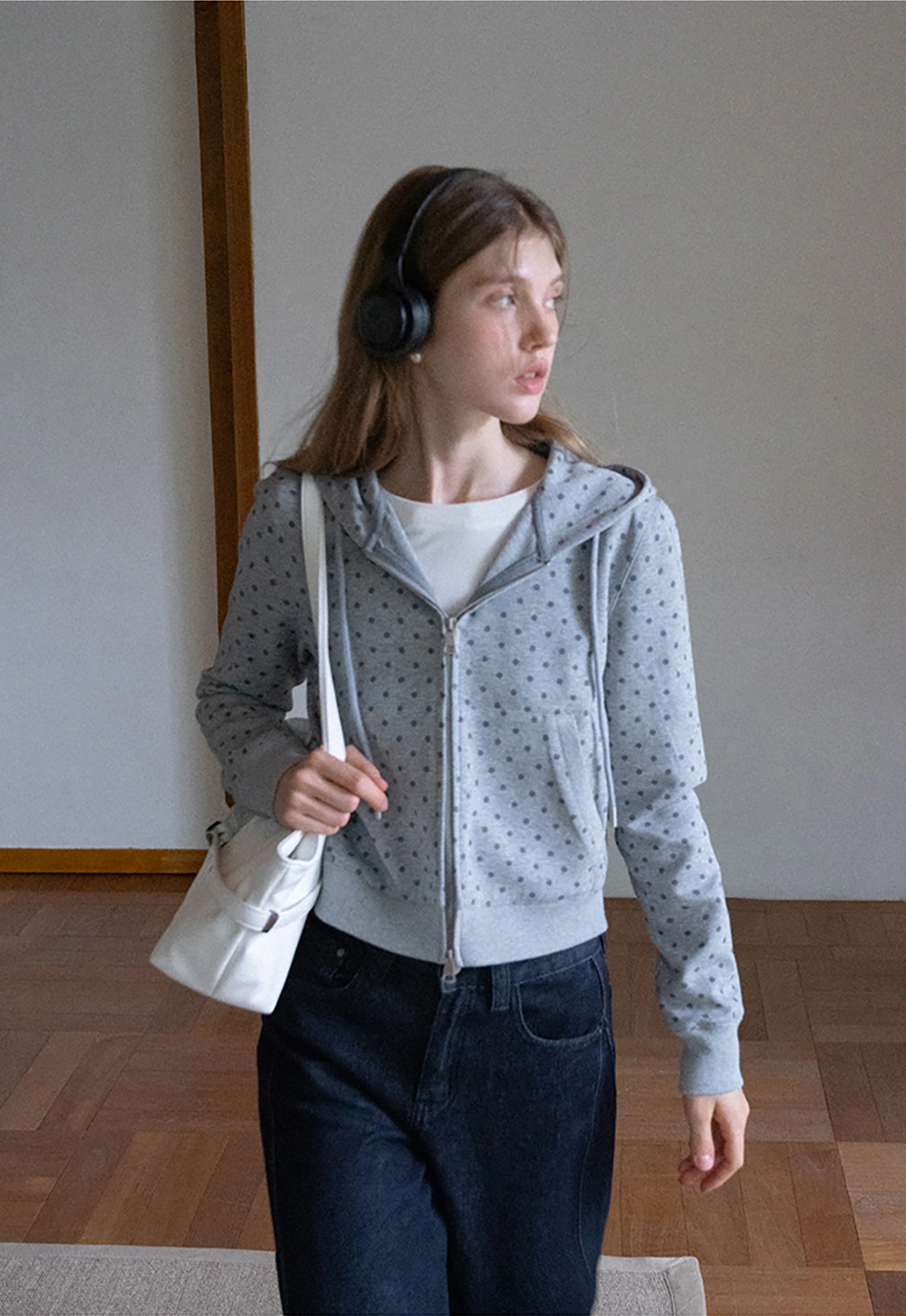 Womens Casual Polka Dot Zip-Up Hoodie