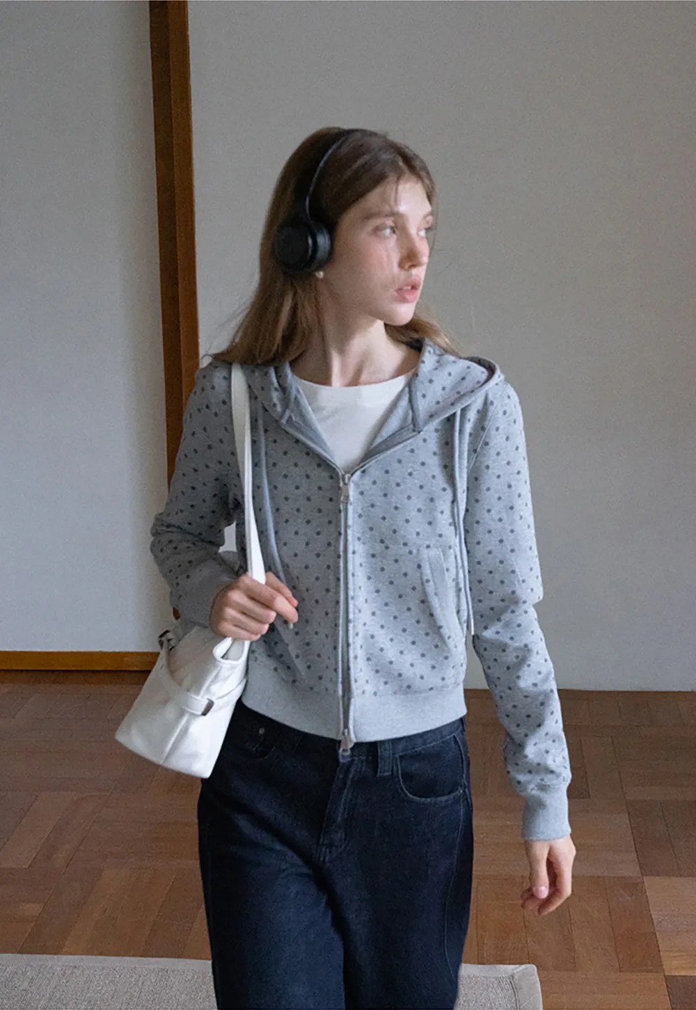 Womens Casual Polka Dot Zip-Up Hoodie