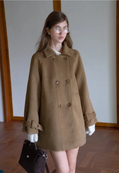 Elegant Double-Breasted Trench Style Wool Coat