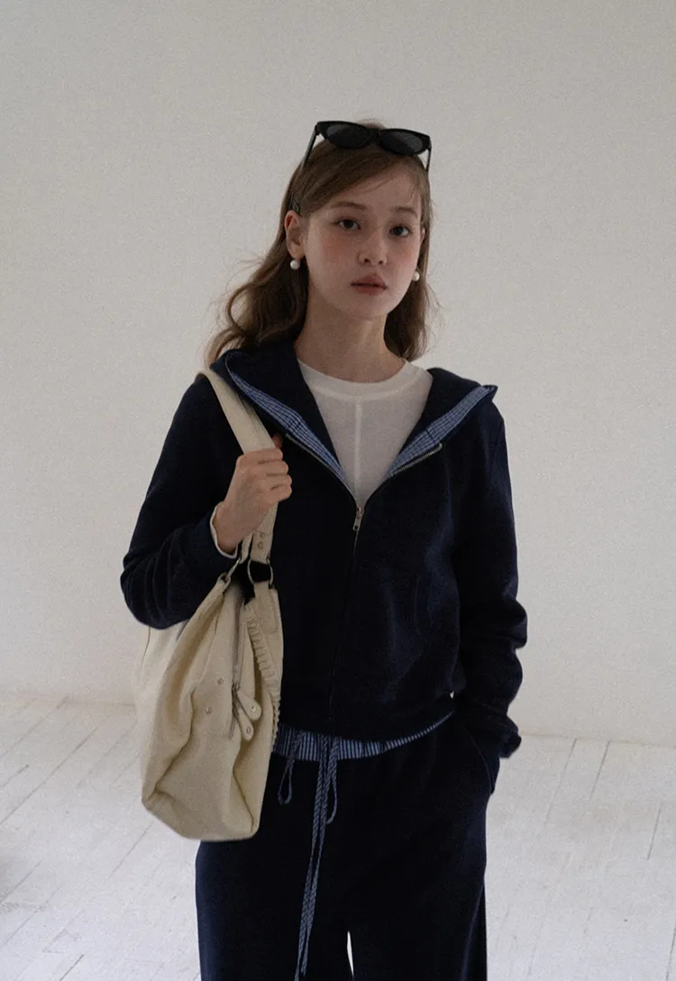 Navy Casual Hoodie and Wide Leg Pants Set