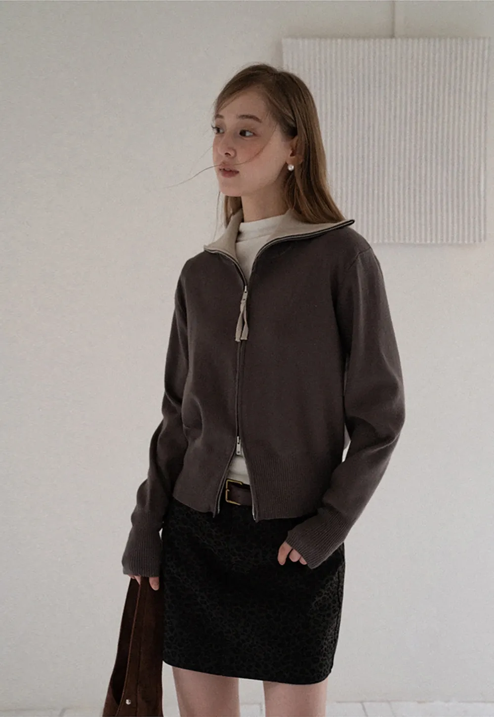 Women’s Zip-Up Knit Cardigan with High Collar