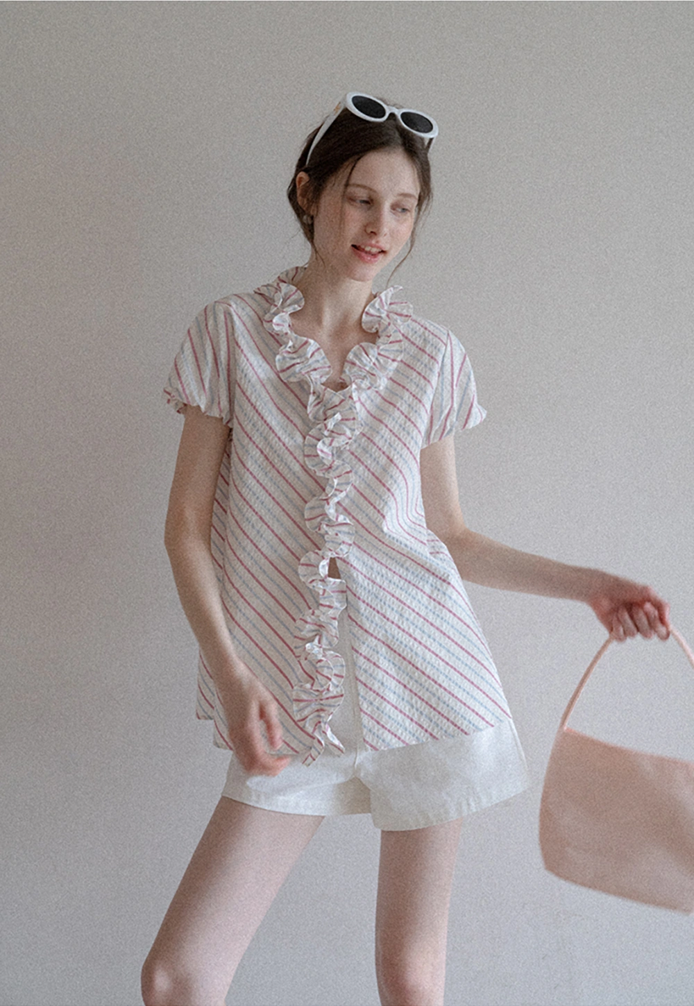 Women’s Ruffle Trim Striped Short Sleeve Blouse