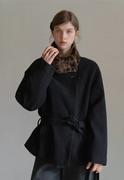 Faux Fur Trim Belted Wool Coat